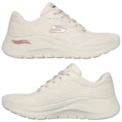 A pair of light-colored athletic shoes is featured positioned on a plain surface showcasing their mesh upper and cushioning sole designed for comfort and support labeled with Arch Fit branding.