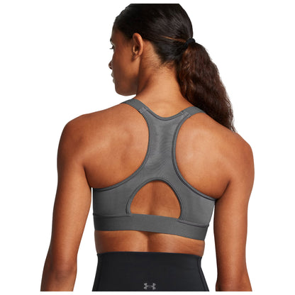 A gray sports bra is worn by a person seen from the back showcasing a racerback design the person has dark, loose hair pulled into a ponytail.