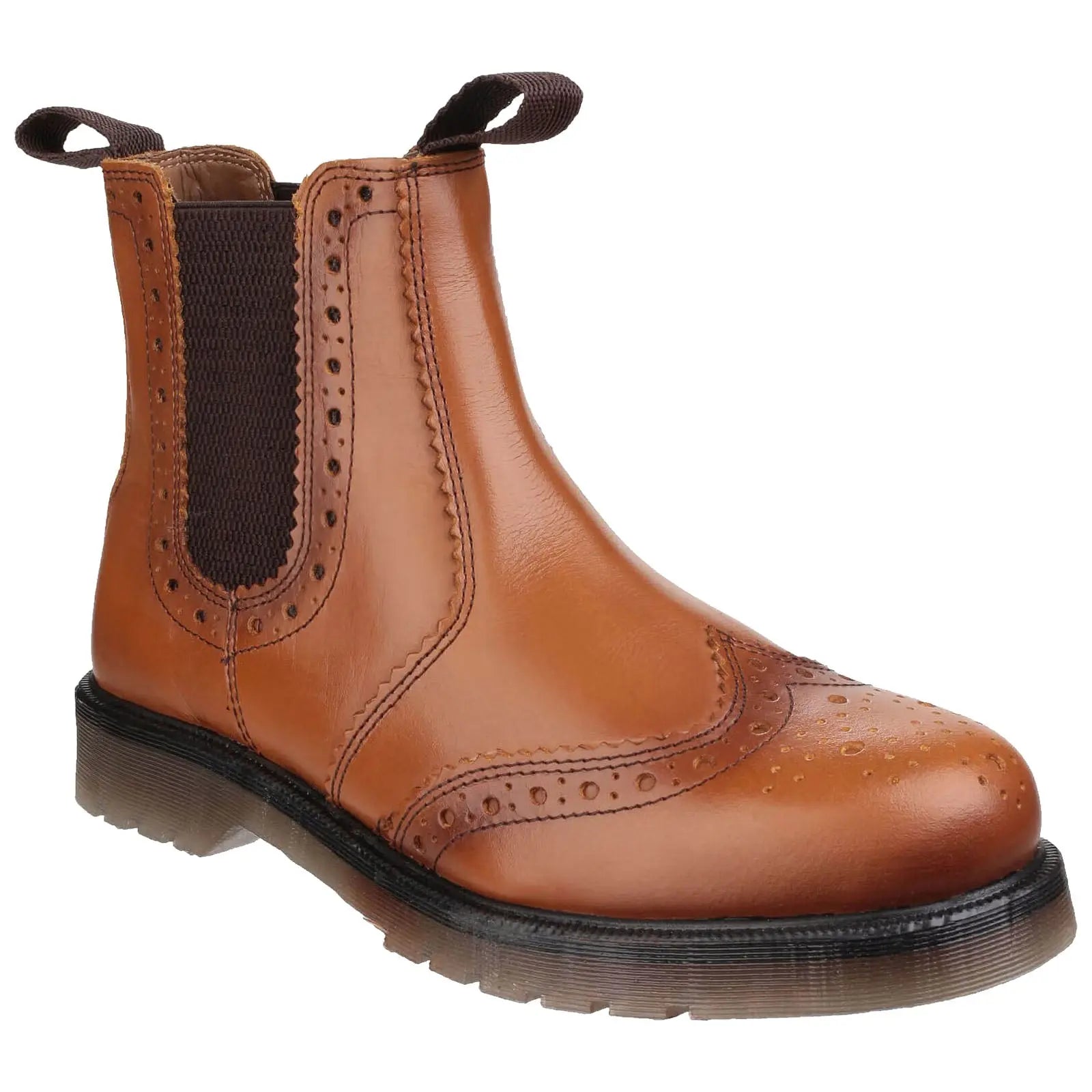 A brown leather Chelsea boot features decorative perforations and elastic side panels. It stands alone against a plain background showcasing its sleek design and structured silhouette.