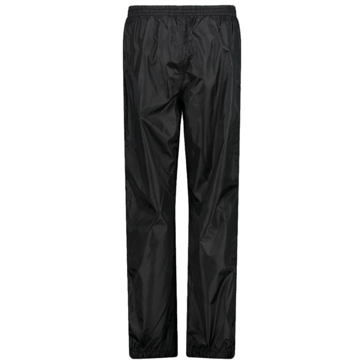 Black waterproof pants hang vertically with an elastic waistband and elastic cuffs at the ankles designed for outdoor activities in wet weather or physical exercise without any visible brand or logo.