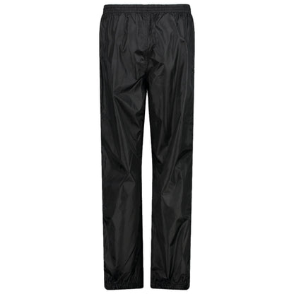 Black waterproof pants hang vertically with an elastic waistband and elastic cuffs at the ankles designed for outdoor activities in wet weather or physical exercise without any visible brand or logo.