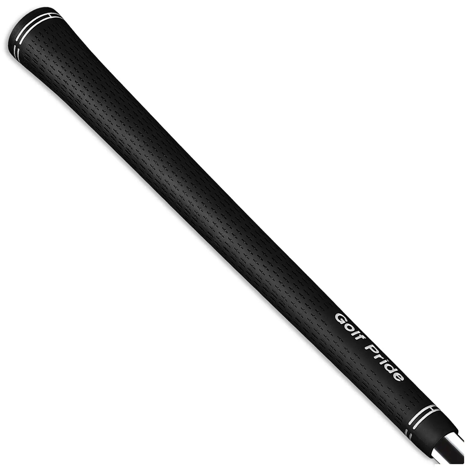 A black golf grip lies flat displaying textured surface for traction and the brand name Golf Pride in white letters on its side against a white background.