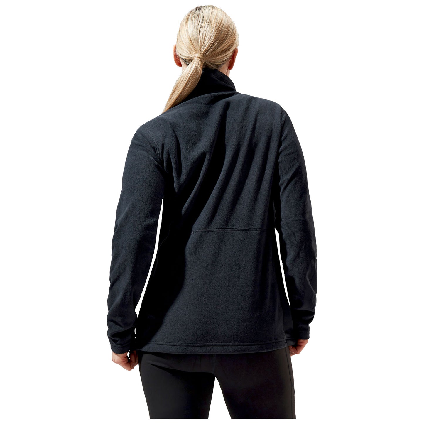 A person is facing away wearing a black fleece jacket and black pants in a simple white background, showcasing the garment's texture and design without distractions from other elements.