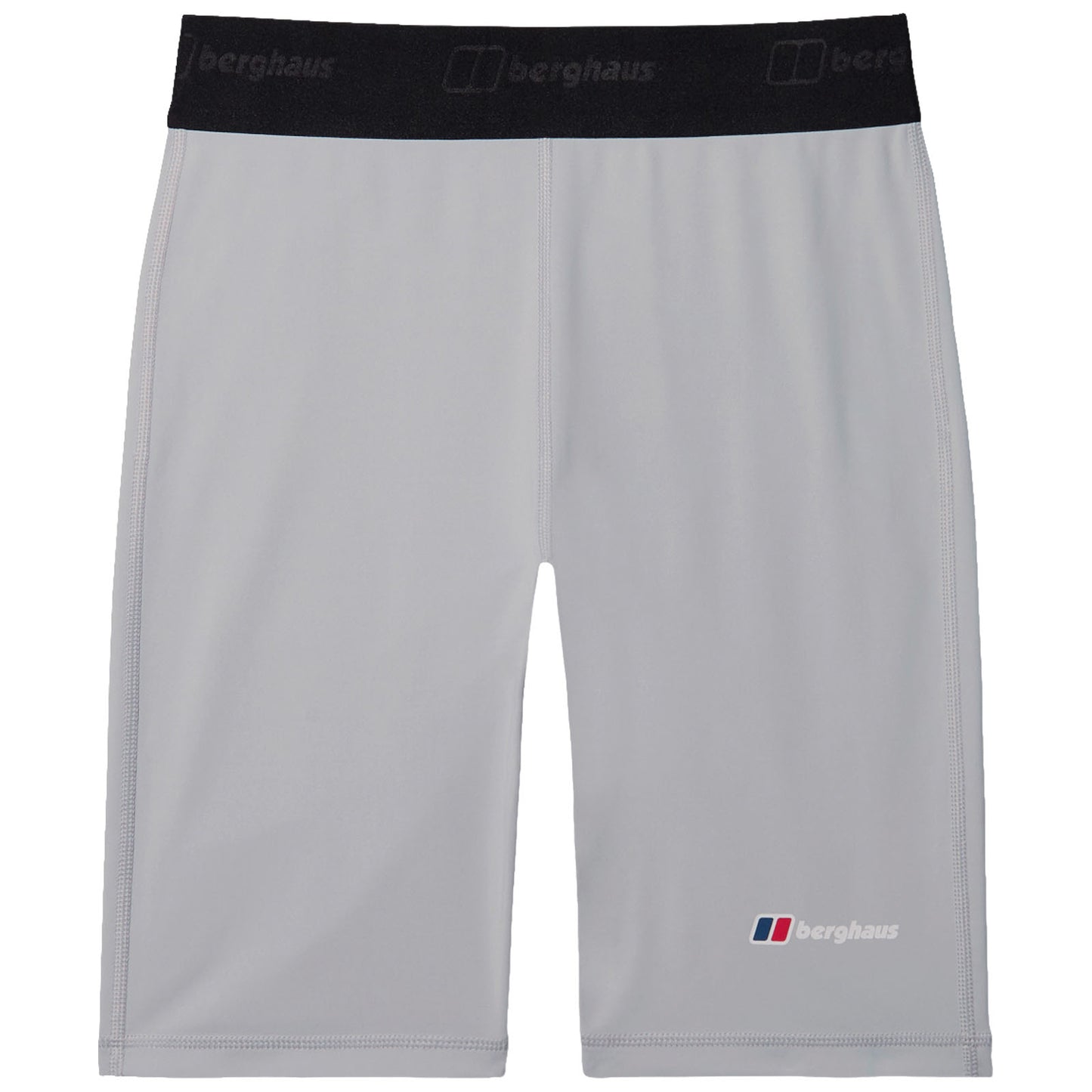 Light gray athletic shorts are displayed flat with a black elastic waistband featuring the brand name at the top and a small logo on the lower right side