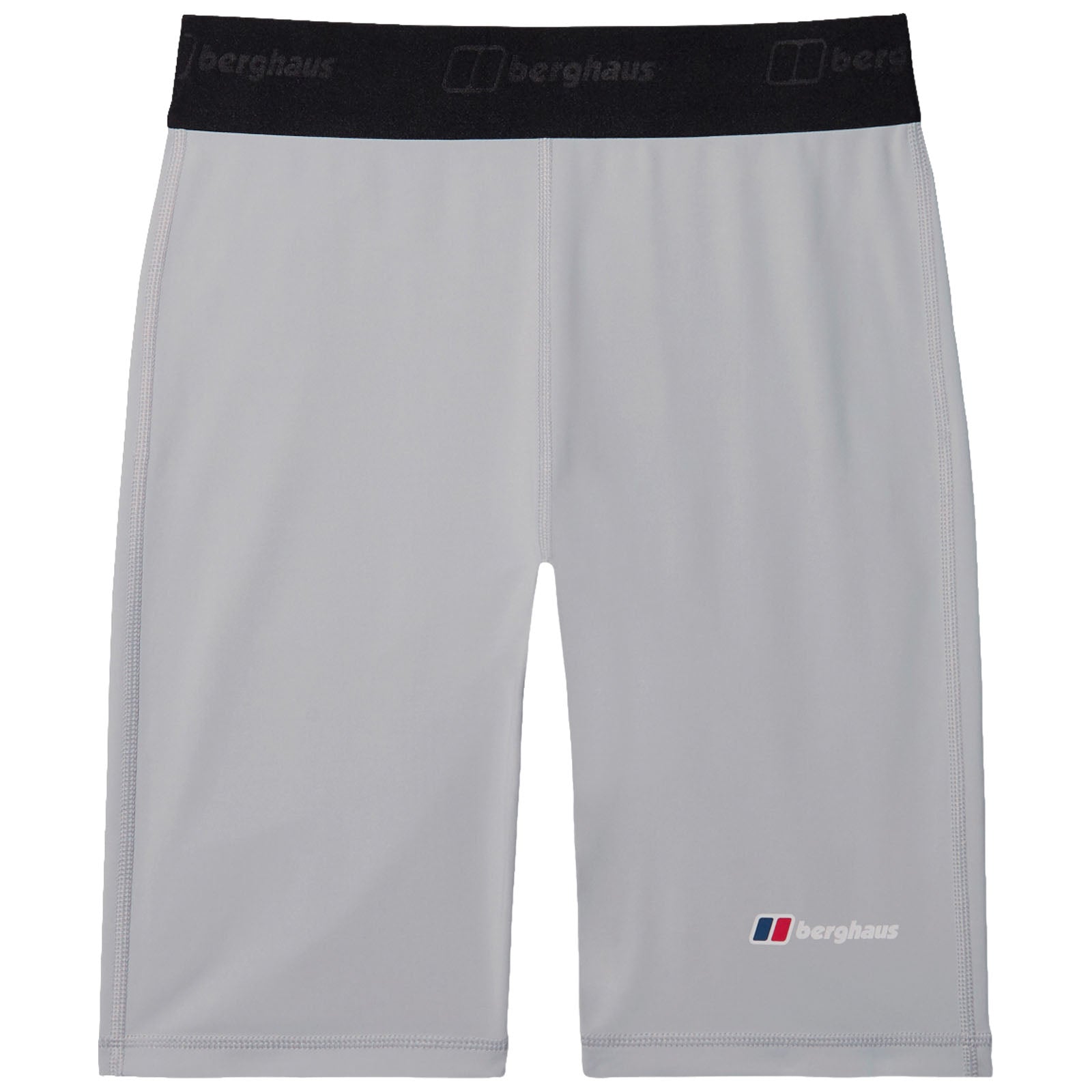 Light gray athletic shorts are displayed flat with a black elastic waistband featuring the brand name at the top and a small logo on the lower right side
