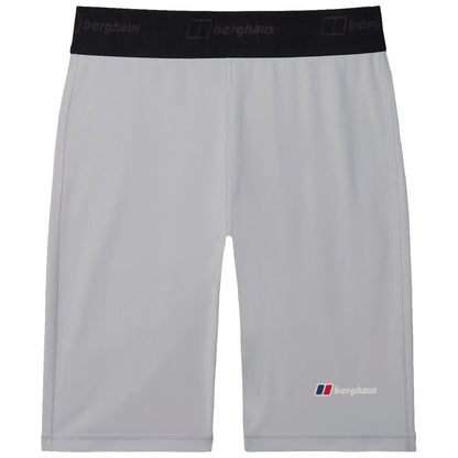 Light gray athletic shorts are displayed flat with a black elastic waistband featuring the brand name at the top and a small logo on the lower right side