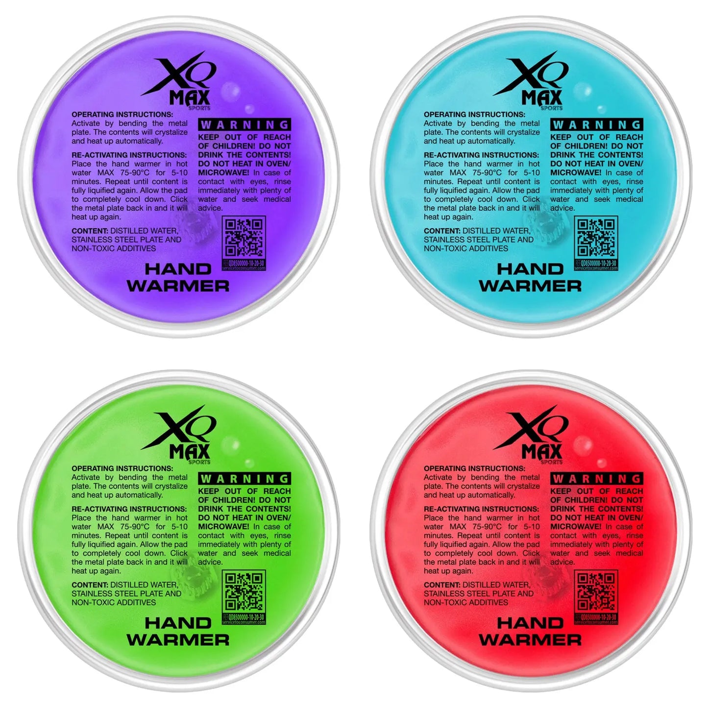 Four circular hand warmers are displayed with different colors: purple, blue, green, and red. Each contains instructions for activation and reactivation along with warnings about safety precautions.