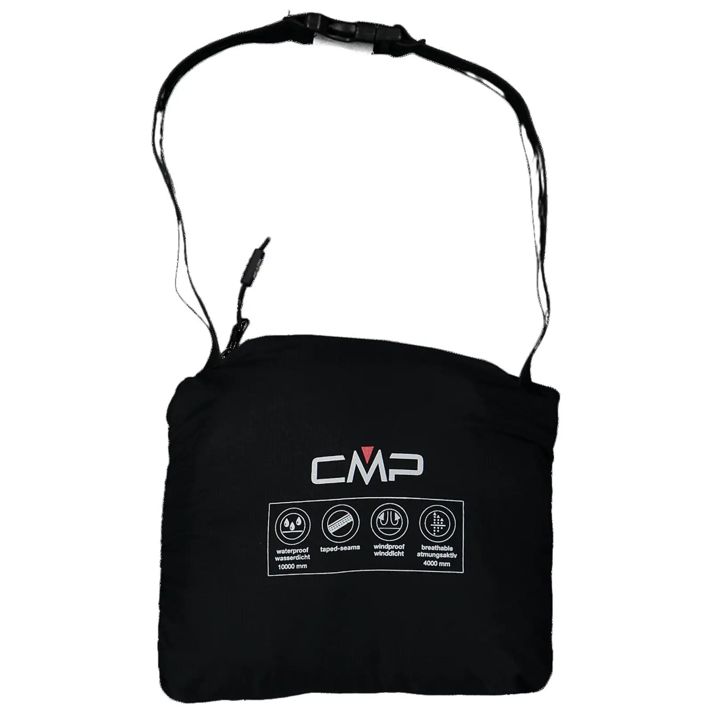 A black pouch with an adjustable strap displays the CMP logo and icons indicating waterproof, taped seams, windproof, and breathable features, suitable for outdoor activities and protecting contents from elements.