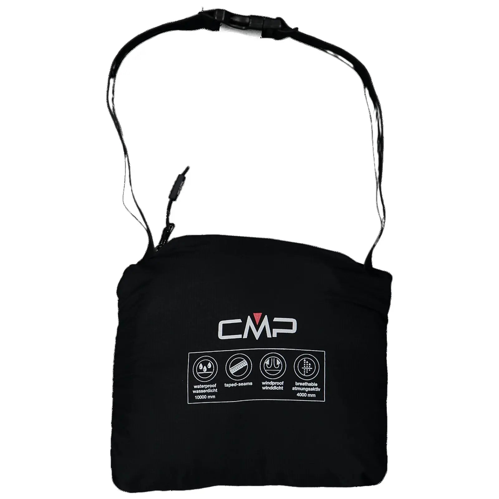 A black pouch with an adjustable strap displays the CMP logo and icons indicating waterproof, taped seams, windproof, and breathable features, suitable for outdoor activities and protecting contents from elements.