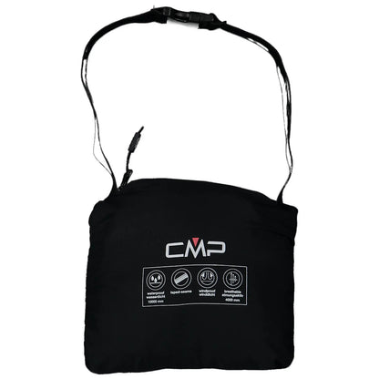 A black pouch with an adjustable strap displays the CMP logo and icons indicating waterproof, taped seams, windproof, and breathable features, suitable for outdoor activities and protecting contents from elements.