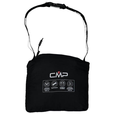 A black pouch with an adjustable strap displays the CMP logo and icons indicating waterproof, taped seams, windproof, and breathable features, suitable for outdoor activities and protecting contents from elements.
