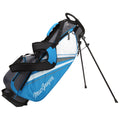 A golf bag stands upright on two legs featuring a blue and gray design with zippers and straps for carrying. It is placed against a neutral backdrop.