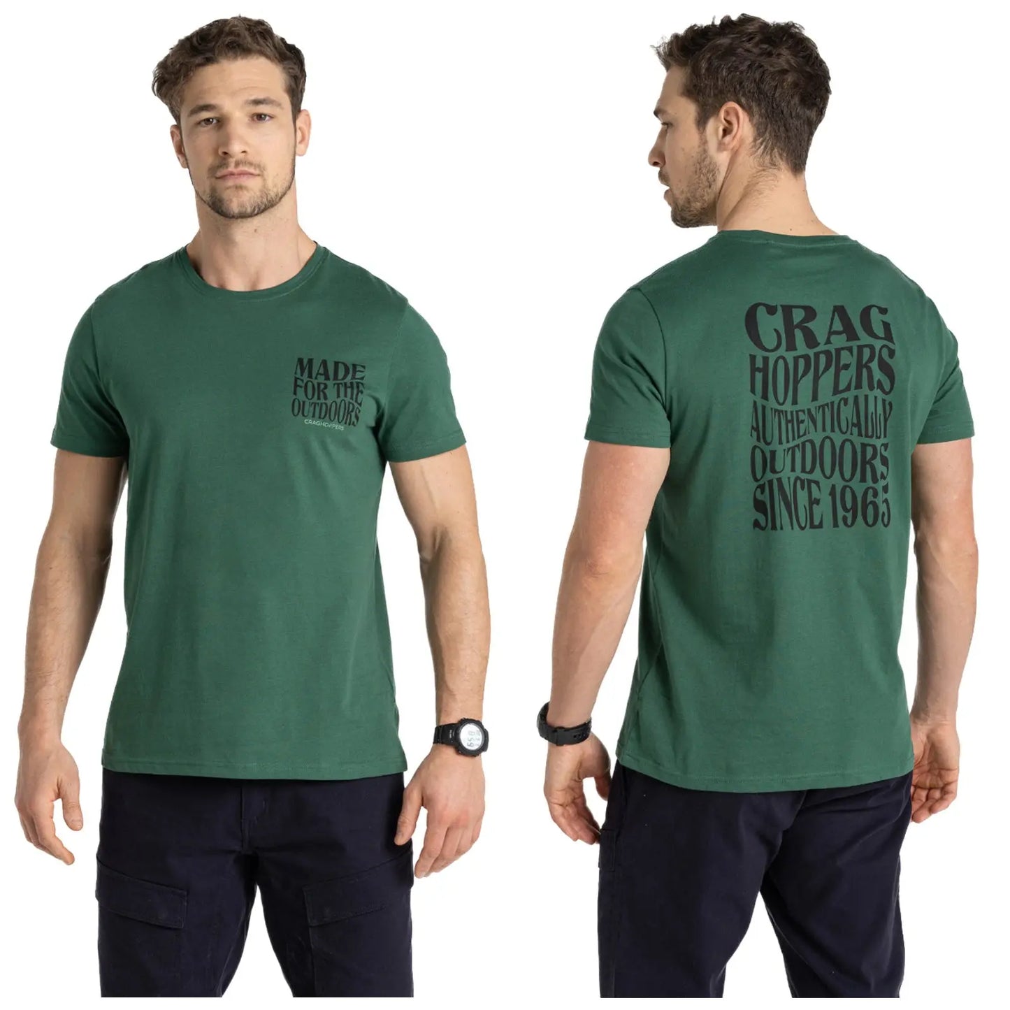 A man wearing a green t-shirt stands facing both front and back with arm relaxed displaying text on the shirt. The front text reads MADE FOR THE OUTDOORS and the back text reads CRAG HOPPERS AUTHENTICALLY OUTDOORS SINCE 1963. He also wears a watch on his left wrist.