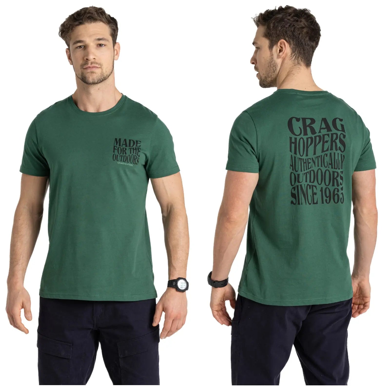 A man wearing a green t-shirt stands facing both front and back with arm relaxed displaying text on the shirt. The front text reads MADE FOR THE OUTDOORS and the back text reads CRAG HOPPERS AUTHENTICALLY OUTDOORS SINCE 1963. He also wears a watch on his left wrist.