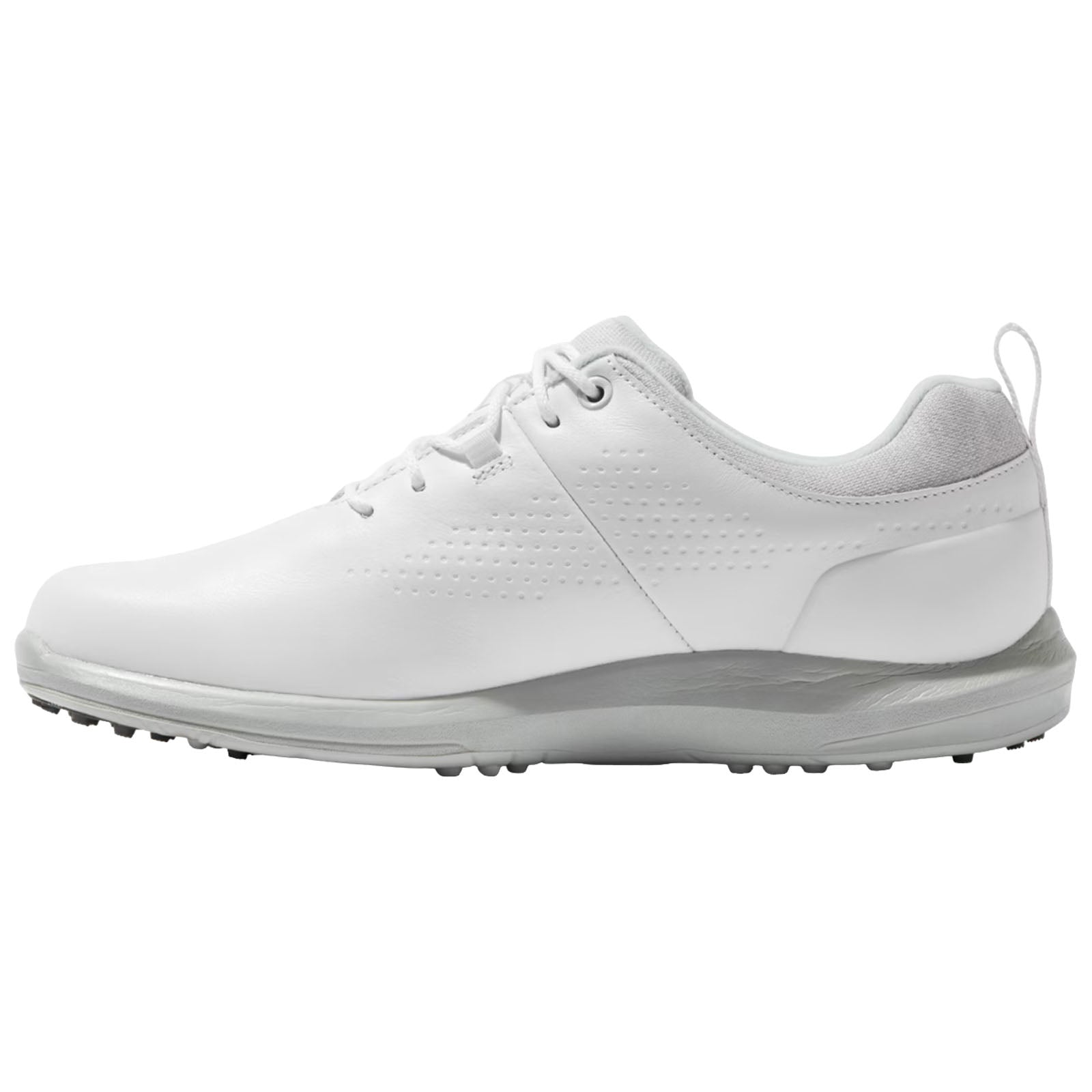 A white athletic shoe lies on a flat surface showcasing its sleek design multi-textured upper and lightweight sole ideal for sport activities in a neutral environment.