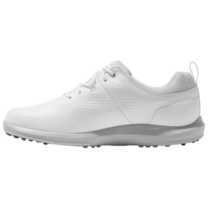 A white athletic shoe lies on a flat surface showcasing its sleek design multi-textured upper and lightweight sole ideal for sport activities in a neutral environment.