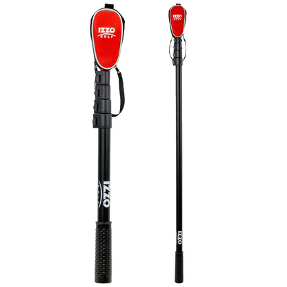 A golf club holder is displayed vertically featuring a red padded top labeled IZZO GOLF with a black pole and textured grip base used to hold golf clubs securely during play.