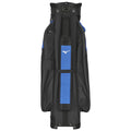 A black golf bag with blue accents stands upright showcasing various pockets and a large opening at the top for clubs designed for carrying golf equipment.