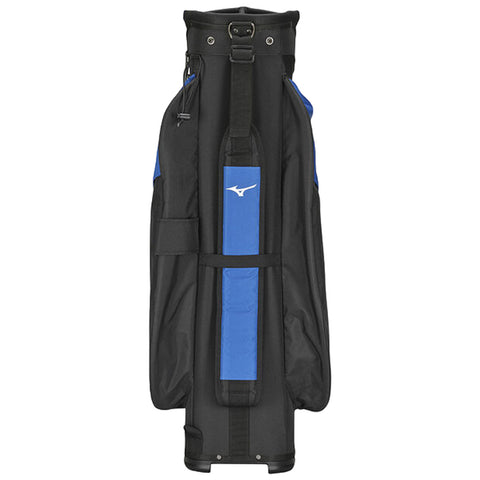 A black golf bag with blue accents stands upright showcasing various pockets and a large opening at the top for clubs designed for carrying golf equipment.