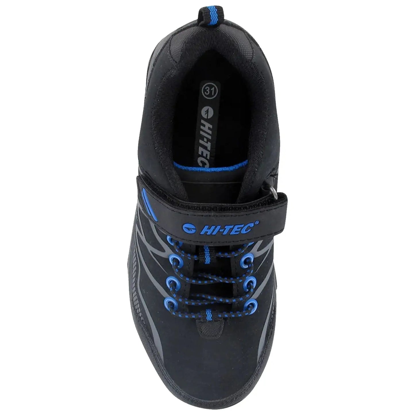 A black athletic shoe with blue accents features laces and a strap across the midfoot for support placed against a neutral background indicating it is designed for active use.