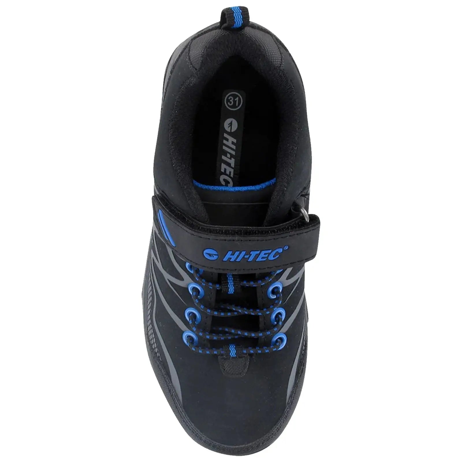 A black athletic shoe with blue accents features laces and a strap across the midfoot for support placed against a neutral background indicating it is designed for active use.