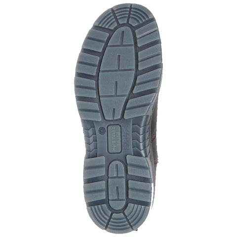 A rubber shoe sole is shown resting on a flat surface with textured traction patterns and written information indicating features and branding details underneath the arch area.
