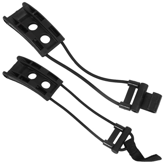Two black plastic clips with elastic cords connected are positioned next to each other designed for securing items together in various applications like holding equipment or bundling materials.