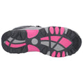 A shoe sole features a mix of pink grey and black rubber with various tread patterns designed for grip and traction indicating suitability for active use in outdoor environments.