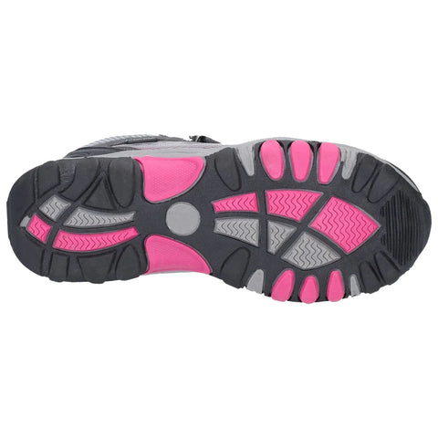 A shoe sole features a mix of pink grey and black rubber with various tread patterns designed for grip and traction indicating suitability for active use in outdoor environments.