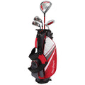 A red and gray golf bag stands upright holding clubs including a driver and three irons with a putter on the side in a neutral background setting.