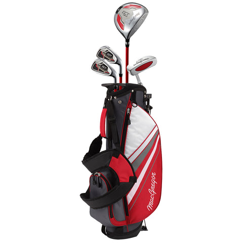 A red and gray golf bag stands upright holding clubs including a driver and three irons with a putter on the side in a neutral background setting.