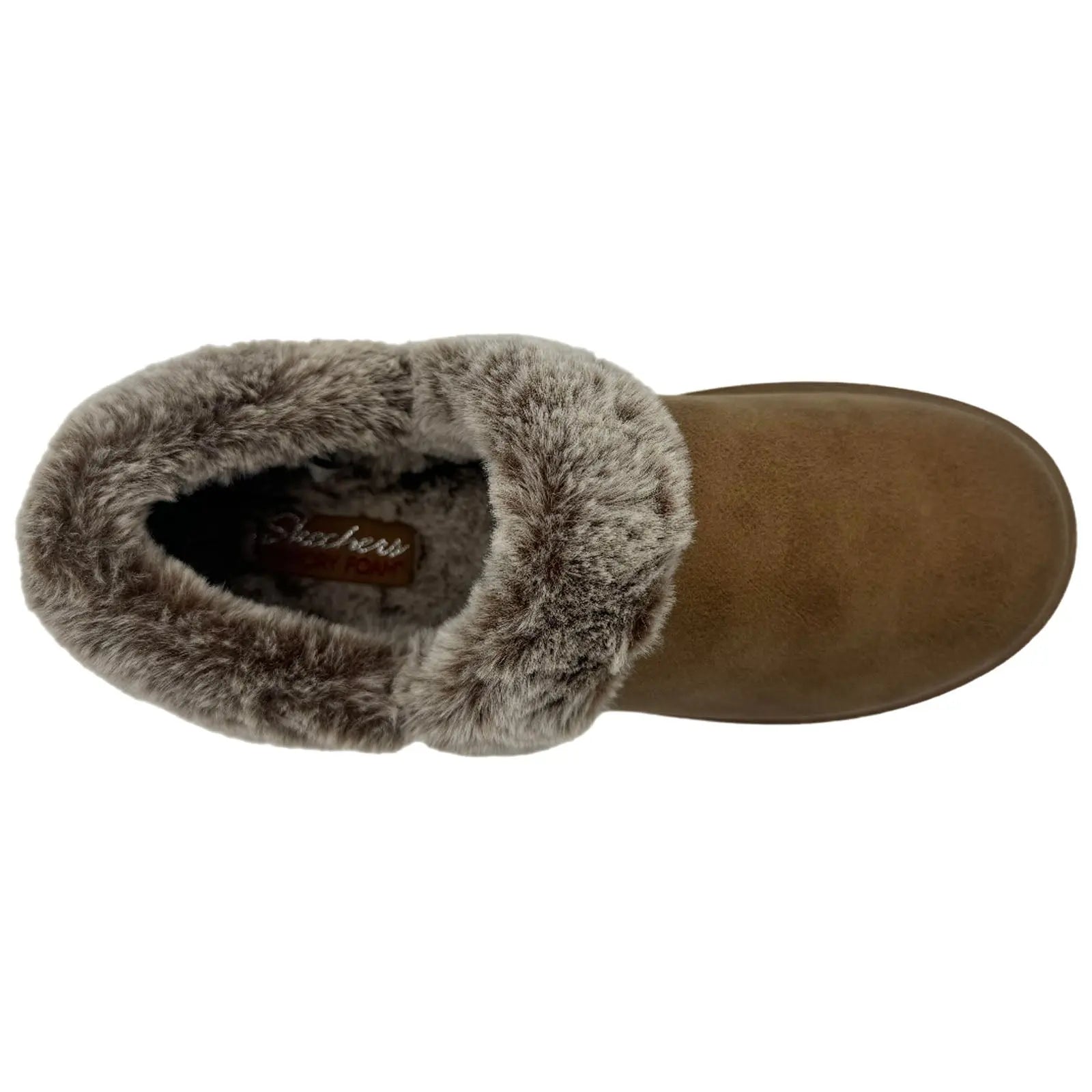 A brown slipper is displayed from above featuring a soft faux fur cuff at the opening and a smooth surface on the body with branding visible inside the shoe