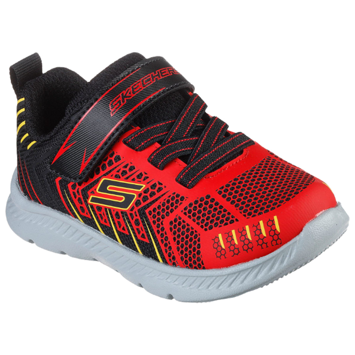 A red and black sneaker features a mesh design with yellow accents and a Velcro strap showcasing the brand logo on the side against a white background.