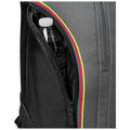 A gray backpack with a black pocket contains a plastic water bottle partially visible inside the zipped compartment set against a plain background