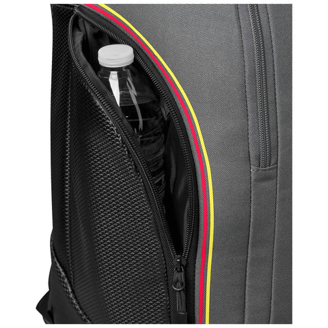 A gray backpack with a black pocket contains a plastic water bottle partially visible inside the zipped compartment set against a plain background