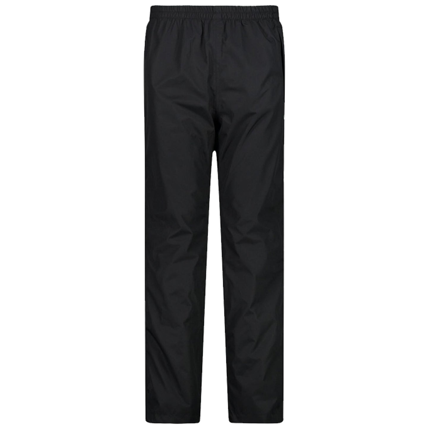 Black waterproof pants are displayed standing upright the material appears slightly shiny indicating it's designed for wet weather conditions the waistband features an elastic design for comfort and fit.