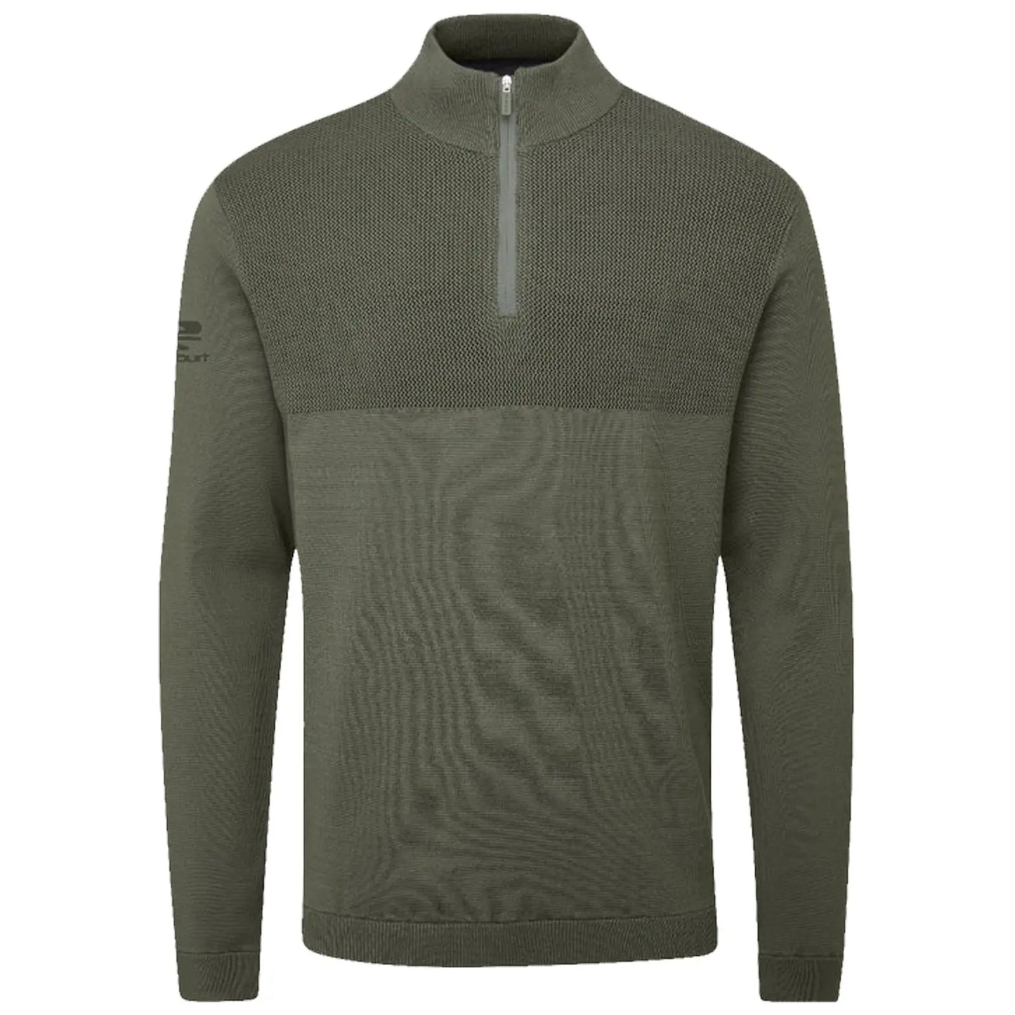 A green pullover sweater with a quarter zip features a textured upper section and a smooth lower section. It's designed for casual wear or layering in cooler temperatures.