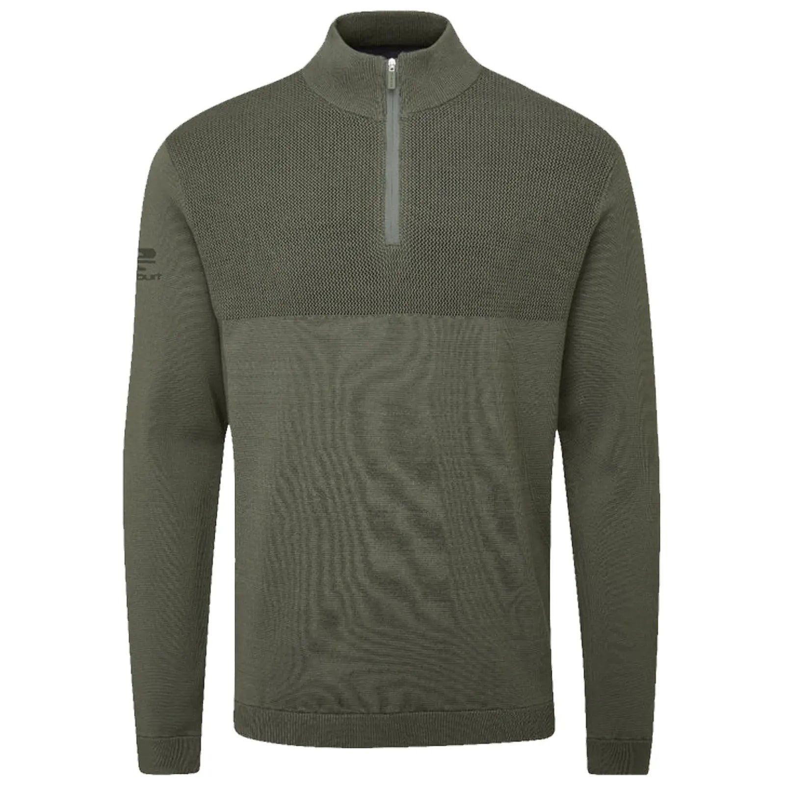 A green pullover sweater with a quarter zip features a textured upper section and a smooth lower section. It's designed for casual wear or layering in cooler temperatures.