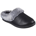 A black slipper with a gray fur collar is positioned at an angle revealing its soft surface and rounded toe designed for comfort and casual indoor wear
