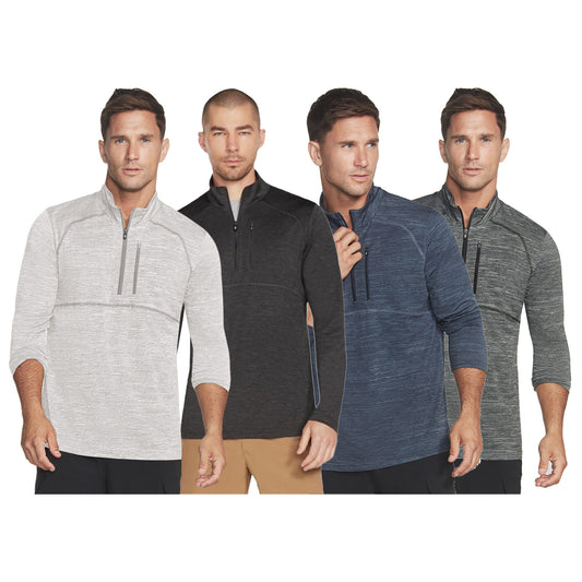 Four men are wearing different colored half-zip shirts. Each shirt features varying shades of gray and blue. The background is plain, emphasizing the clothing.