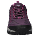 Purple hiking shoe features mesh and synthetic materials with pink laces and a rugged sole designed for outdoor activities and designed to provide comfort and support on various terrains.