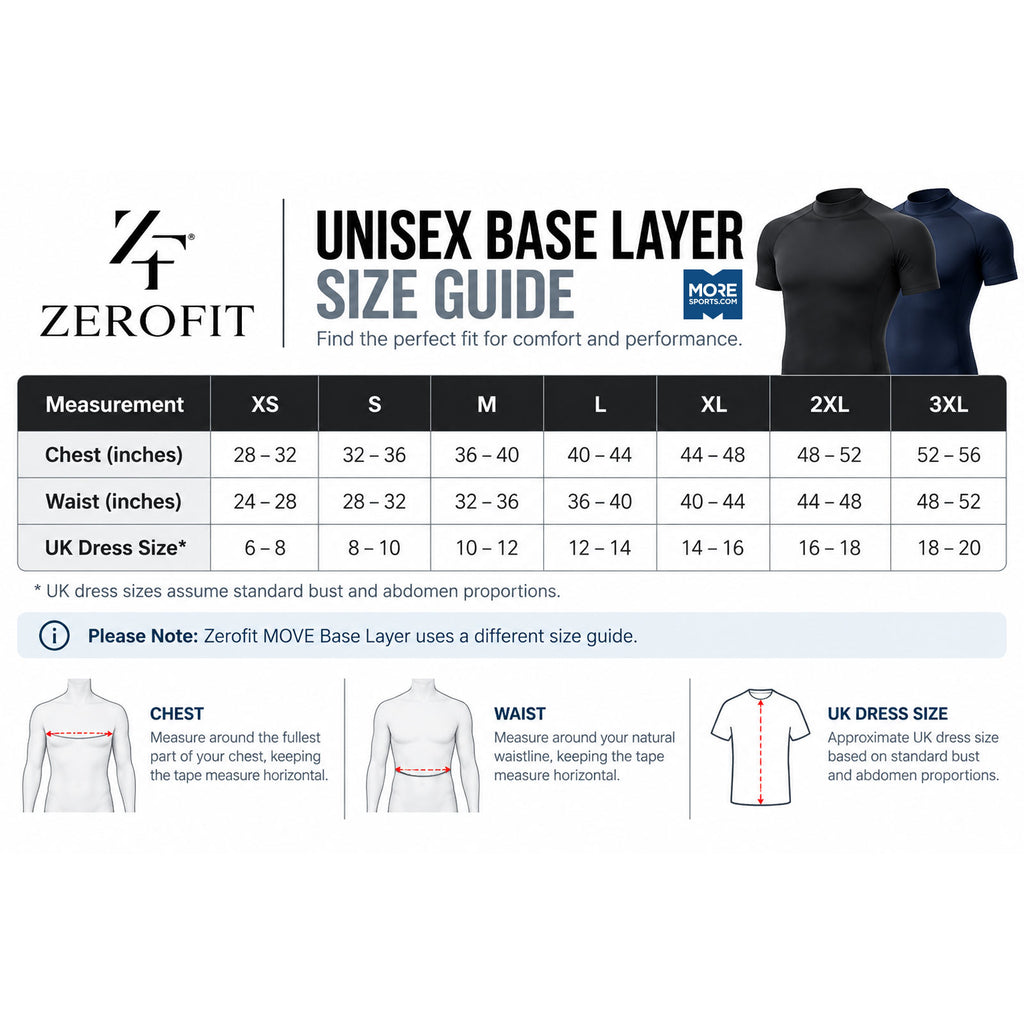 Zerofit Unisex Base Layer Size Guide