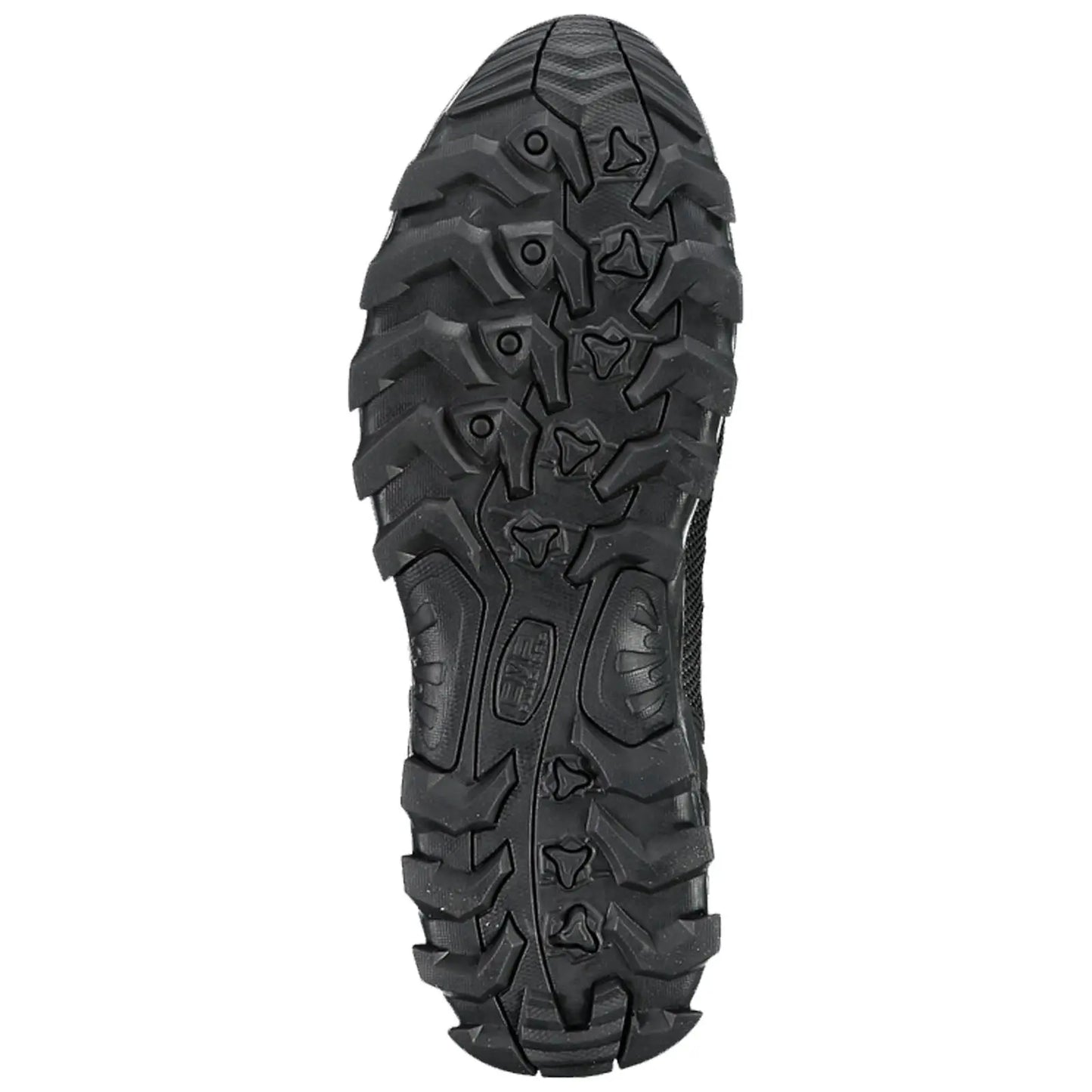 A black shoe sole is shown with a rugged tread pattern designed for traction on rough surfaces providing stability and grip in outdoor environments.