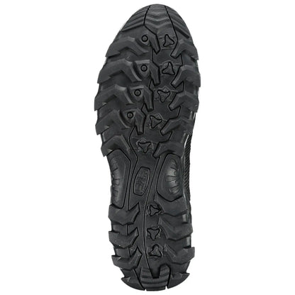 A black shoe sole is shown with a rugged tread pattern designed for traction on rough surfaces providing stability and grip in outdoor environments.