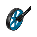 A blue and black wheel features a textured rubber tire and six-spoke design connected to a black axle showcasing a modern design likely intended for a scooter or similar device.