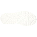 A white shoe sole with a textured tread pattern rests flat against a plain background showcasing its intricate designs and grooves for traction during movement.