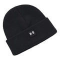 A black knit beanie lies flat showcasing a folded cuff and a square logo patch with white branding positioned at the front providing warmth and style in cold environments.