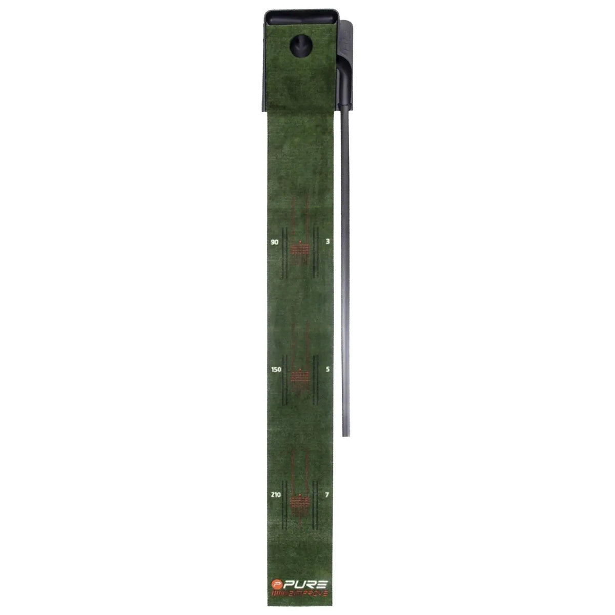 A green measuring tape marked with numerical increments indicates distances. It is measuring something, likely on a flat surface, with its calibration visible along its length.