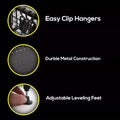A storage rack features easy clip hangers for organization with a durable metal construction and adjustable leveling feet for stability in various environments.