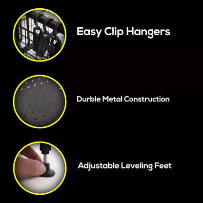 A storage rack features easy clip hangers for organization with a durable metal construction and adjustable leveling feet for stability in various environments.